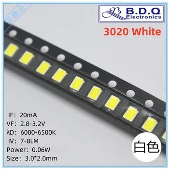 100шт SMD LED 3020 Белый 6000-6500K светодиодные лампы, бусины, Размер 3020 светодиодов, высокое яркое качество