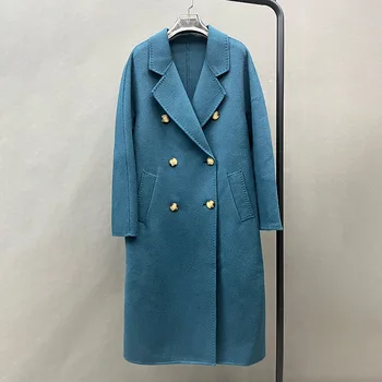2023 Женские шерстяные пальто, модный тренч с поясом, длинная куртка с водной рябью из натуральной шерсти WB5387S