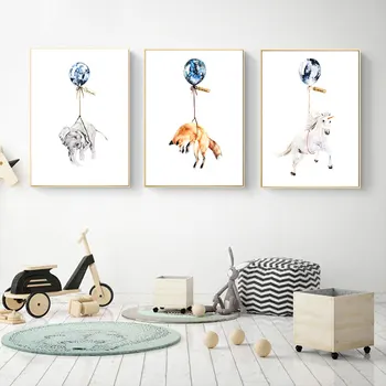 Милое животное, слон, воздушный шар, настенная художественная печать, картина с единорогом для украшения детской комнаты, художественный декор, плакаты, картина на холсте