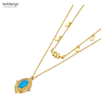 Ожерелья-подвески JeeMango из нержавеющей стали с покрытием из 18-каратного золота, Двухслойное колье-чокер с бирюзовым камнем для женщин JN22044